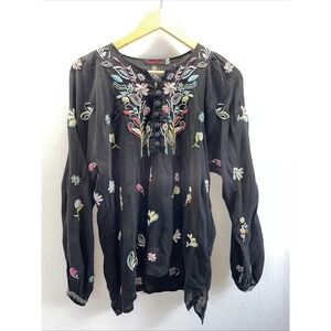 JOHNNY WAS Black 3/4‎ Sleeve Embroidered tunic Blouse top Size XS sheer